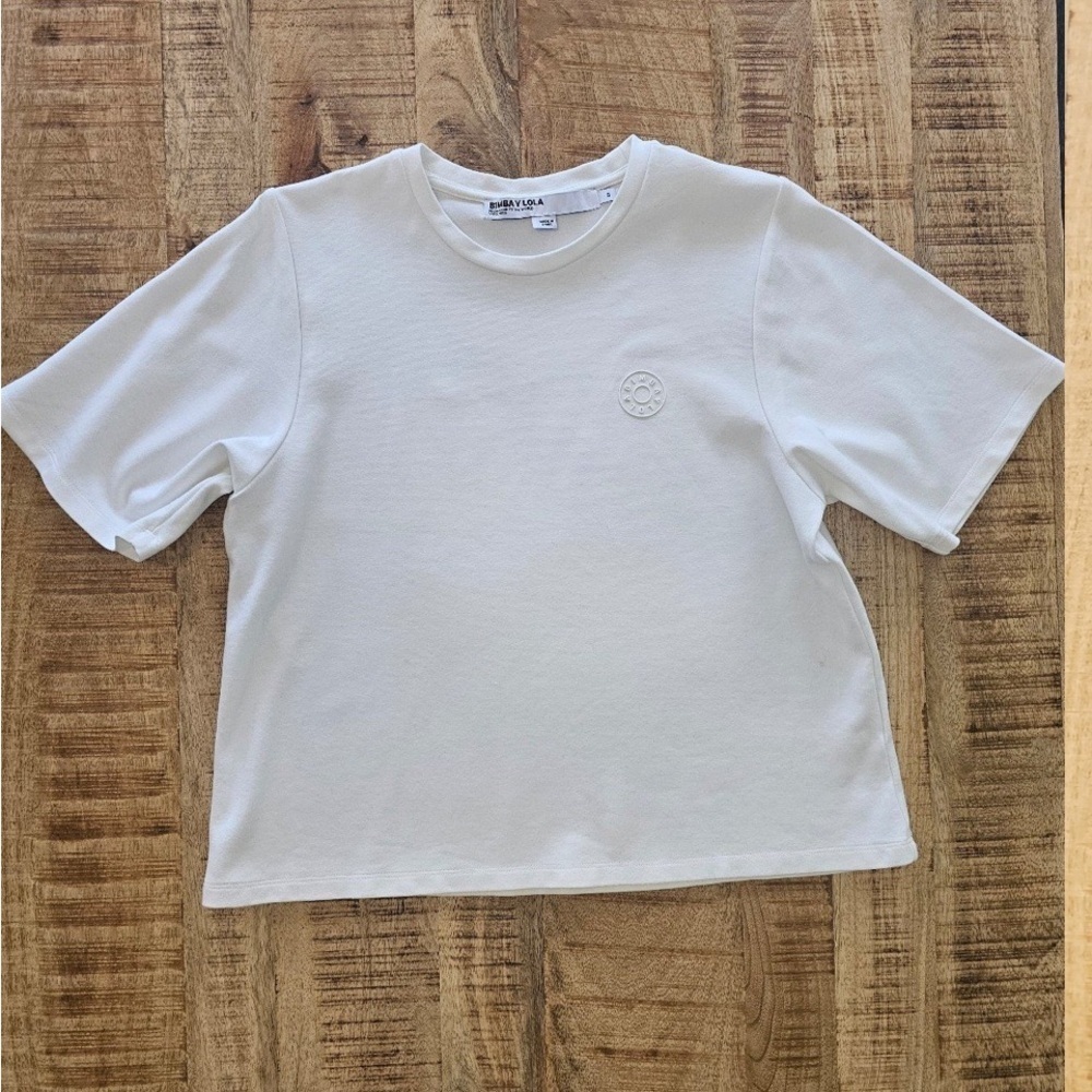 BIMBA Y LOLA Ivory Cream Short Sleeve T-Shirt Silicone Logo - Picture 3 of 10